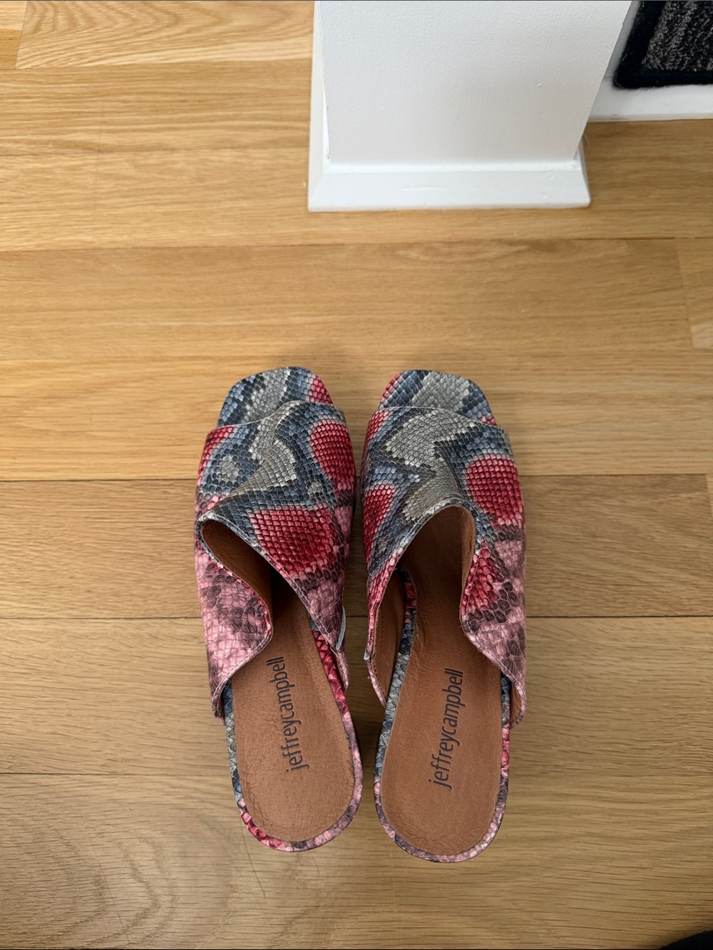 Jeffrey Campbell Pink and Gray Snakeskin Slide Mules